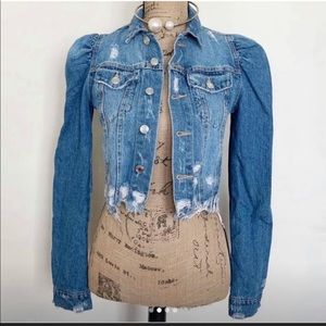 ZARA puff sleeve distressed Denim Jacket